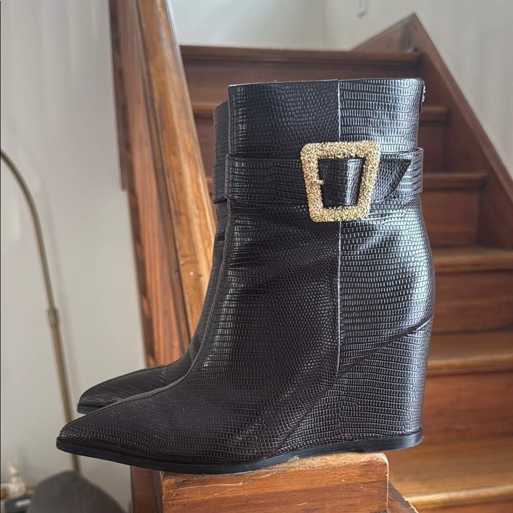 Maroon Textured Ankle Boots with Gold Buckle